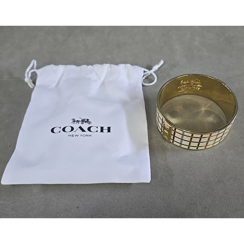 COACH $168 Gold Enameled Plaid Multicolor Tattersall Chunk Bangle Cuff Bracelet